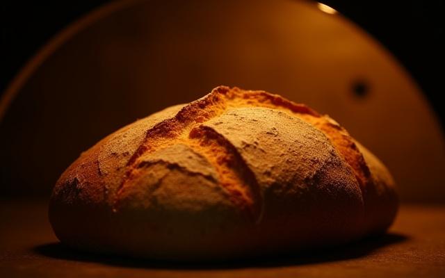 A rustic loaf of sourdough bread baking inside a hot oven, with a golden crust developing.