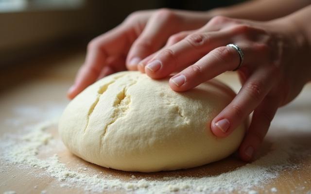 Close-up of hands gently scoring raw sourdough dough with a lame, prior to baking.