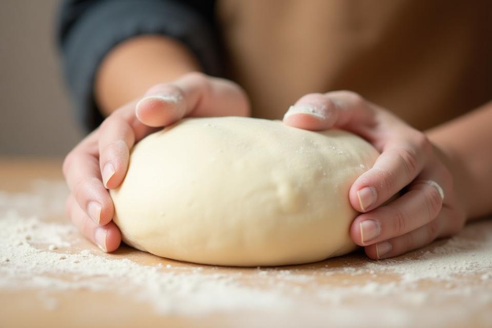 Close-up of baker's hands gently shaping a round of artisan bread dough on a floured surface.