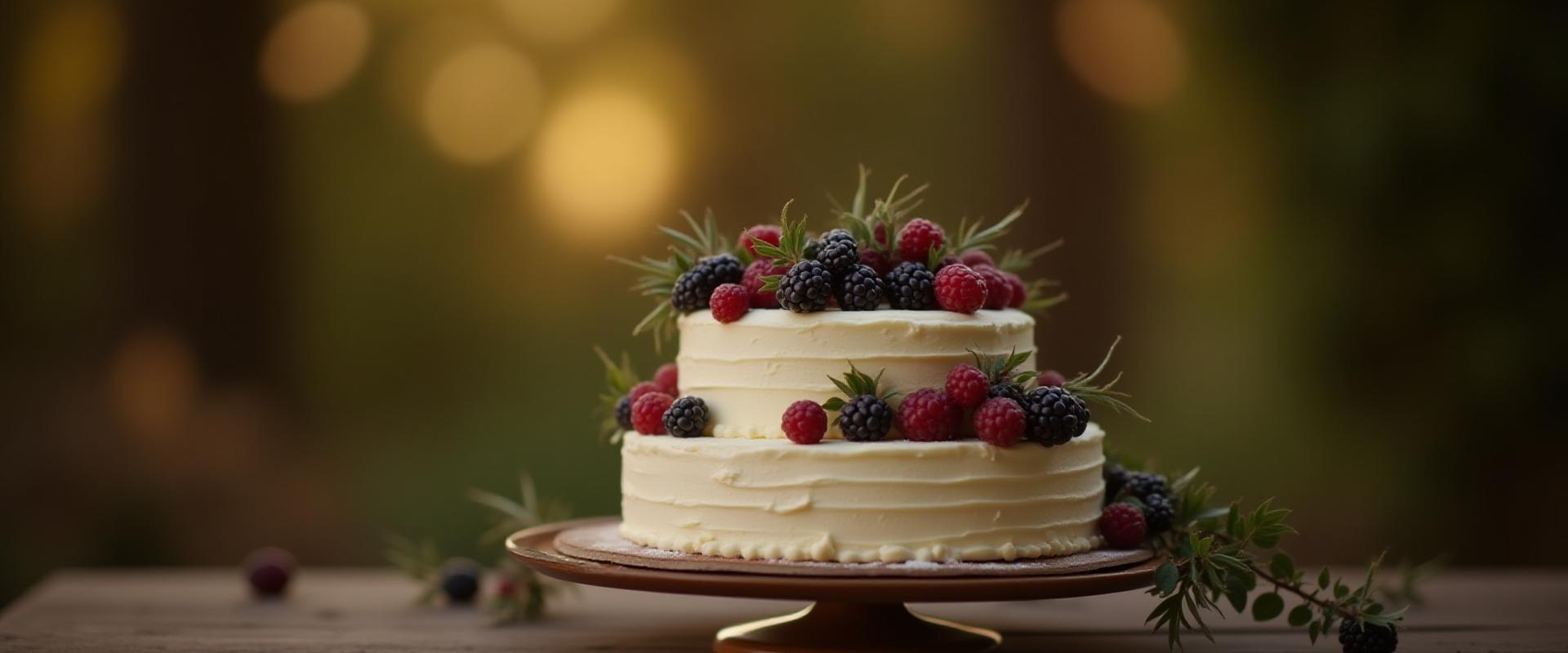 A stunning rustic-style two-tier wedding cake adorned with fresh berries, green foliage, and white cream, set against a blurred warm background.
