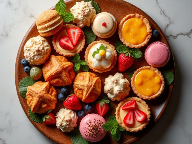 A beautifully arranged platter of various artisanal pastries, perfect for a dessert table or gathering.