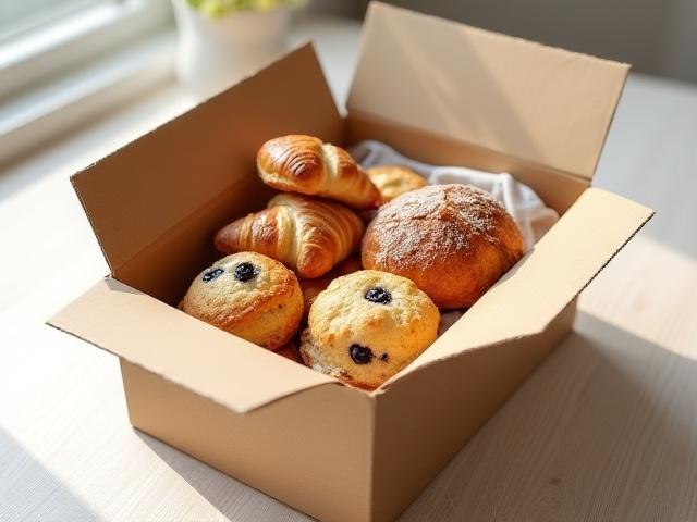 An open box filled with freshly baked croissants, scones, and muffins for a delightful breakfast or brunch.