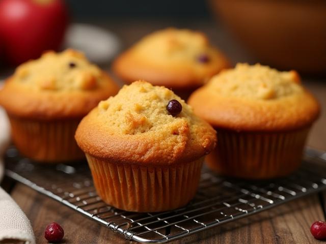 Fluffy gluten-free seasonal muffins, perhaps with berries or apple slices, on a cooling rack.