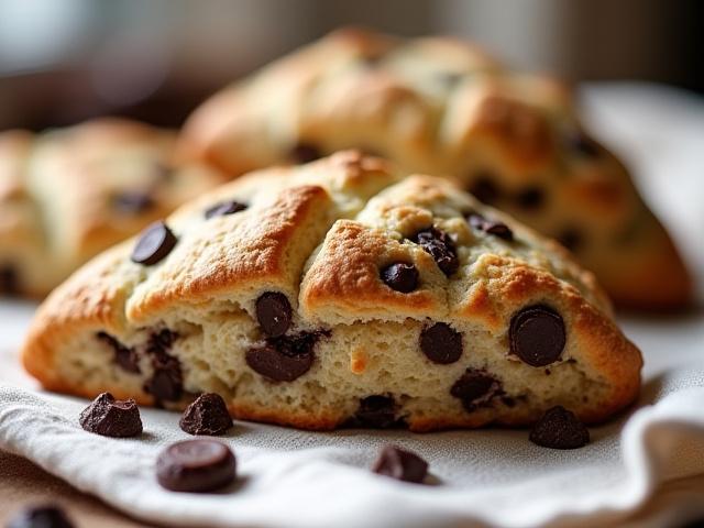 Crumbly vegan chocolate chunk scones on a tiered stand.