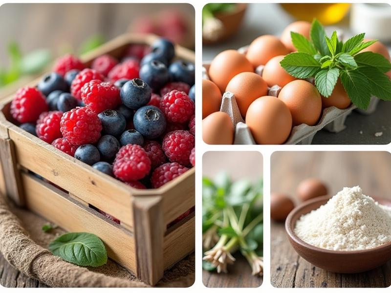 Collage of fresh local produce including berries, eggs, and herbs, displayed in a rustic bakery setting.